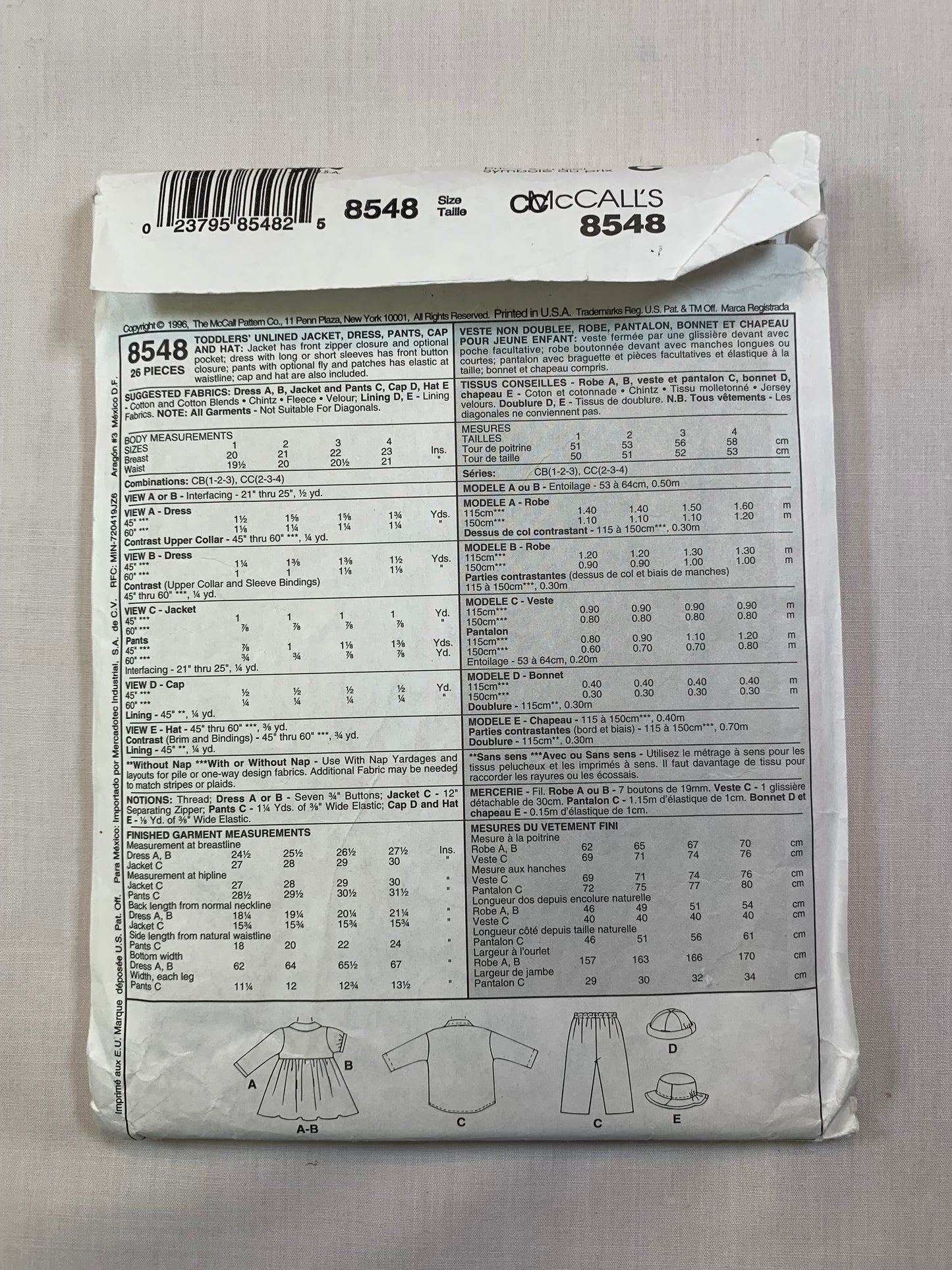 McCall's 8548 Toddlers' Unlined Jacket, Dress, Pants, Cap, Hat, Size 2-4, Cut, Vintage 1996