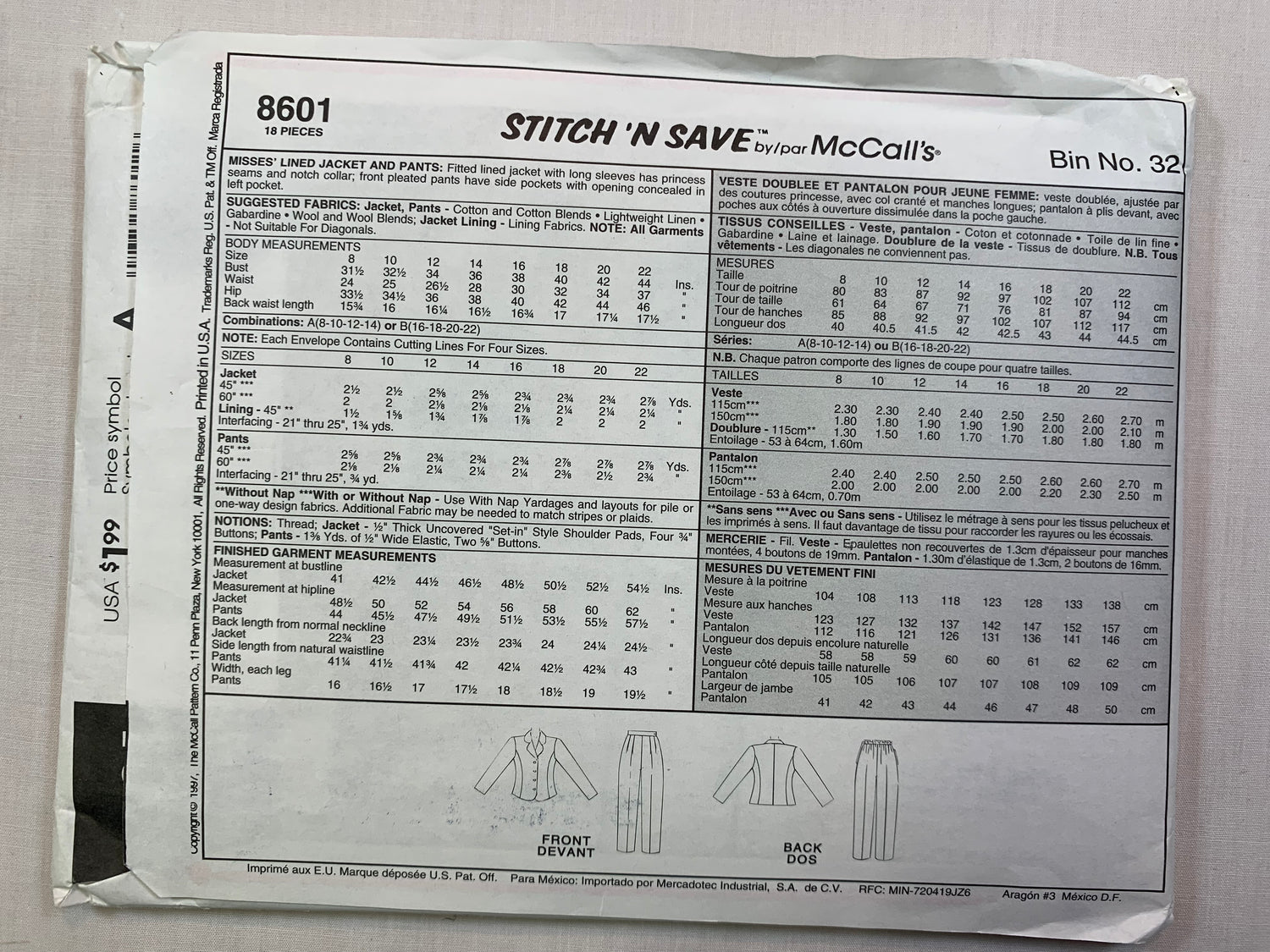 McCall's 8601 Stitch 'N Save Jacket, Pants, Size 8-14, Uncut, Vintage 1997