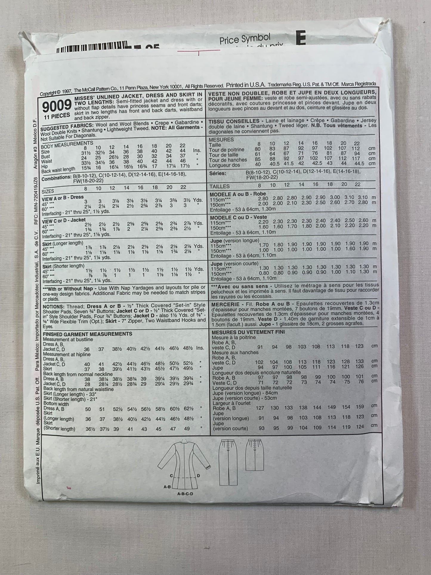 McCall's Sewing Pattern 9009 Misses' Unlined Jacket, Dress, Skirt, Two Lengths, Semi-Fitted, Princess Seams, Zipper Back, Size 8-12, Uncut, Vintage 1997