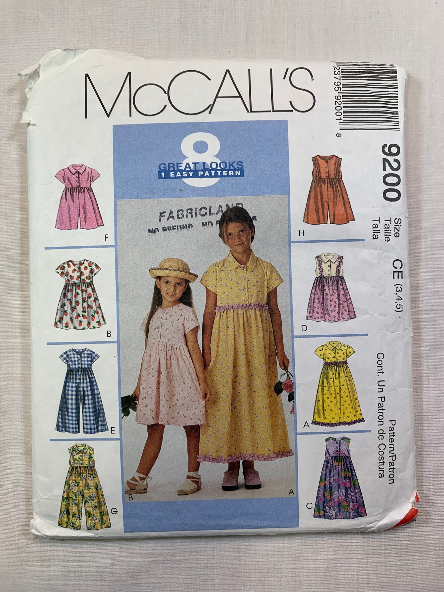 McCall's 9200 Girls' Dress, Jumpsuit, Romper, Size 3-5, Cut, Vintage 1998