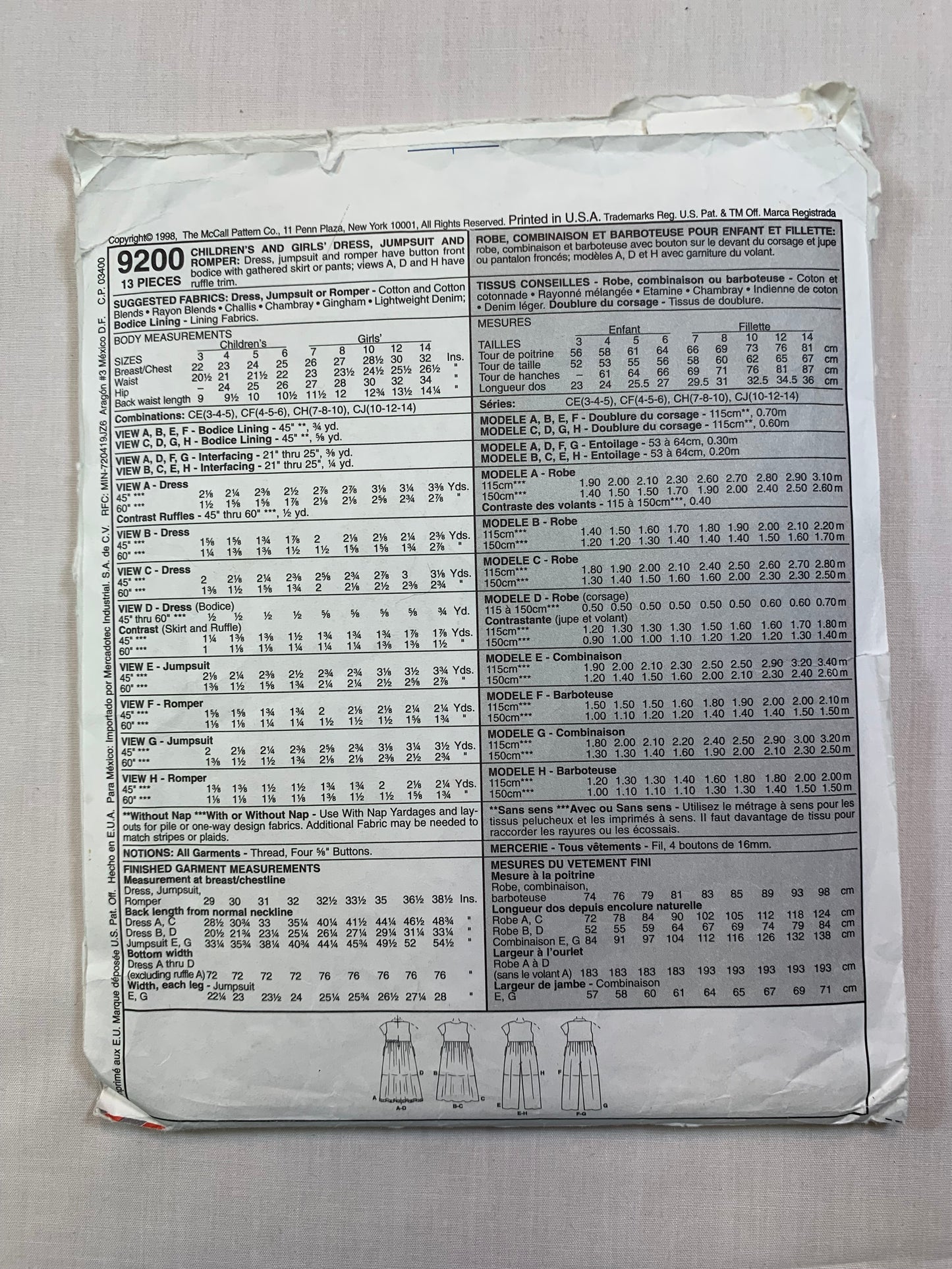 McCall's 9200 Girls' Dress, Jumpsuit, Romper, Size 3-5, Cut, Vintage 1998