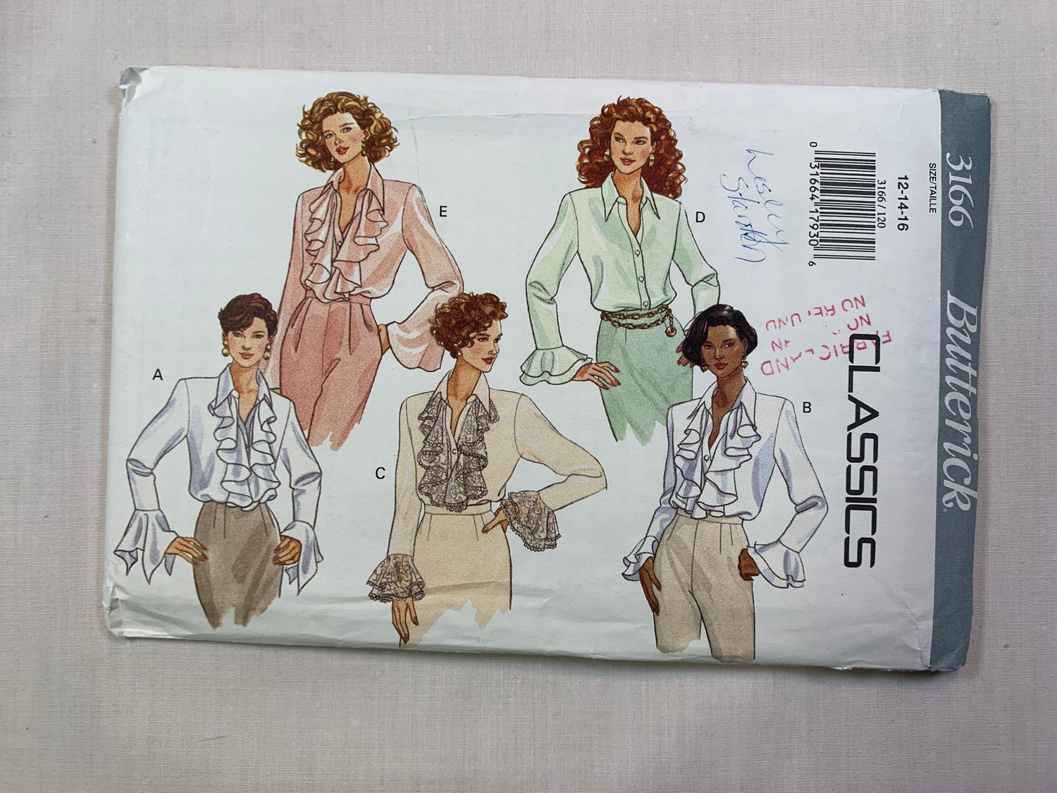 Butterick Sewing Pattern 3166 Misses' Blouse, Long Sleeves, Button Front, Flounce, 5 Variations, Size 12-16, Uncut, Vintage 1993