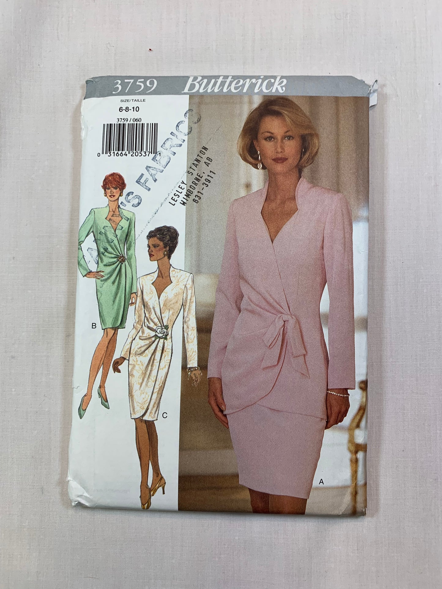 Butterick Sewing Pattern 3759 Misses' Dress, Tunic, Skirt, Loose-Fitting, Wrap, Shoulder Pads, Zipper Back, Size 6-10, Uncut, Vintage 1994