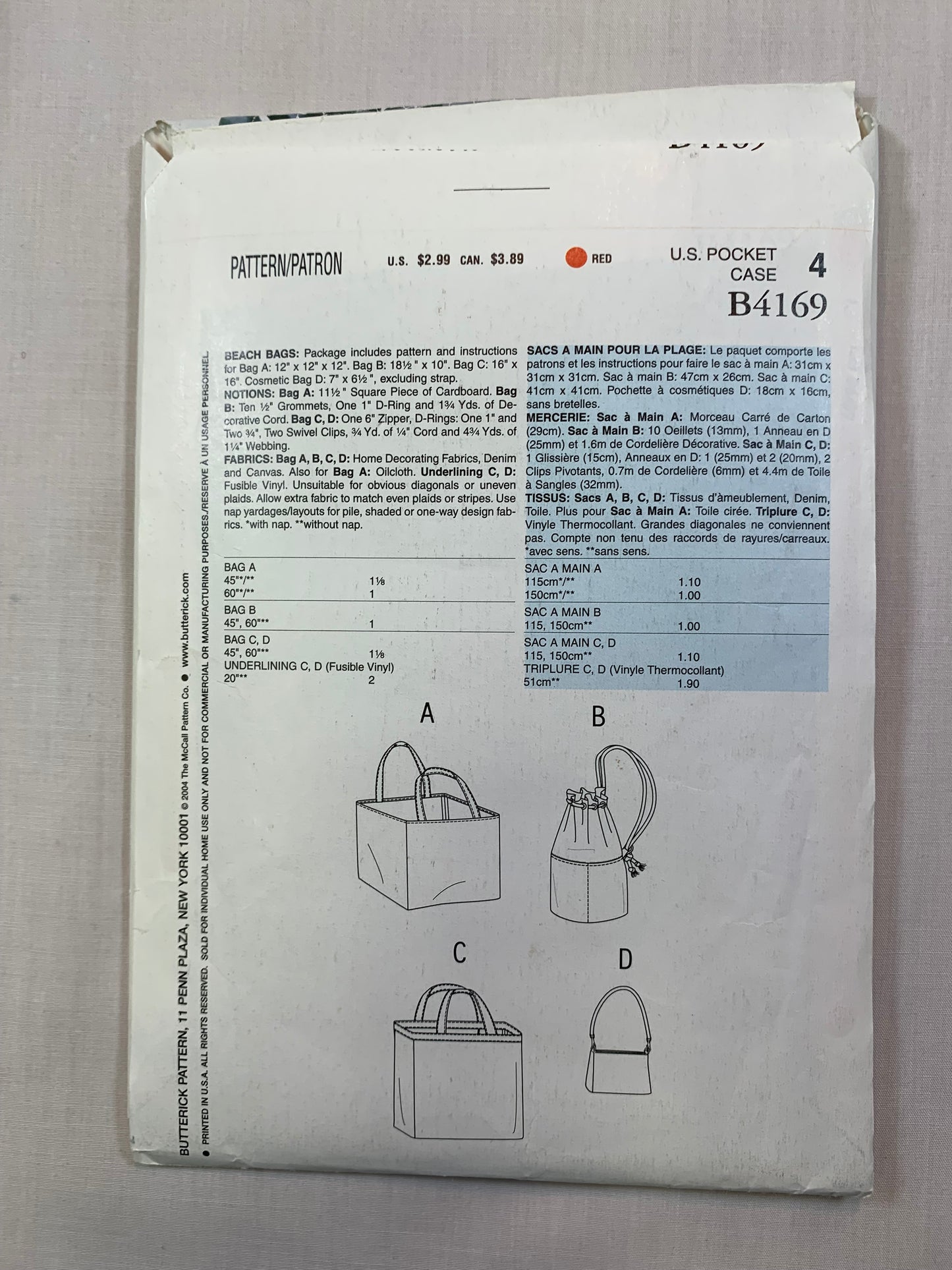 Butterick B4169 Crafts, Fashion Bags, Beach Bags, Uncut, 2004