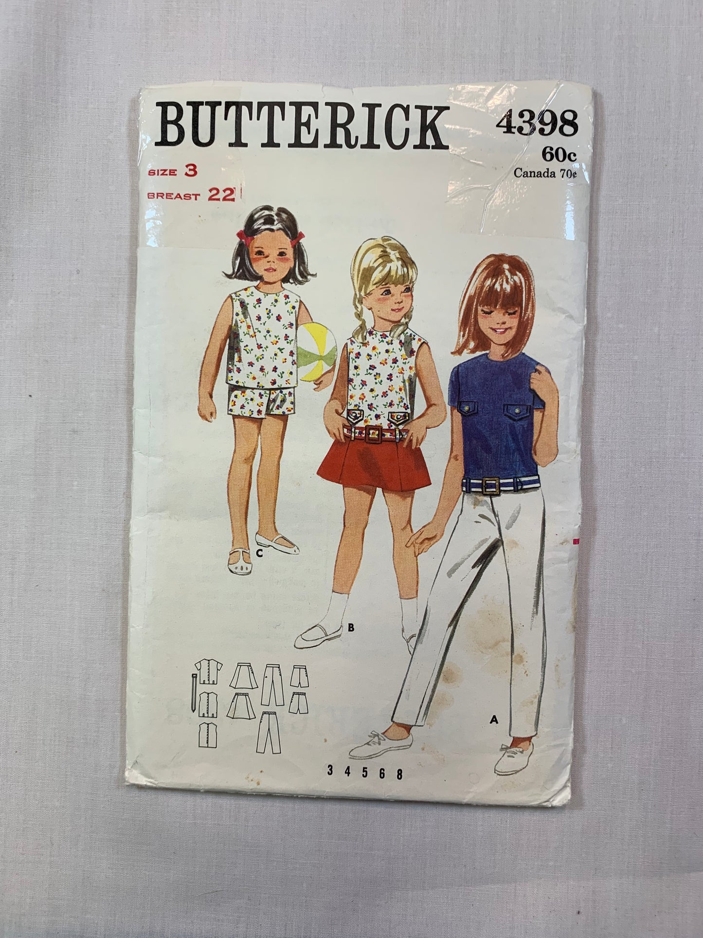 Butterick 4398 Girls' Skirt, Pants, Shorts, Overblouse, Size 3, Cut, Vintage 1970