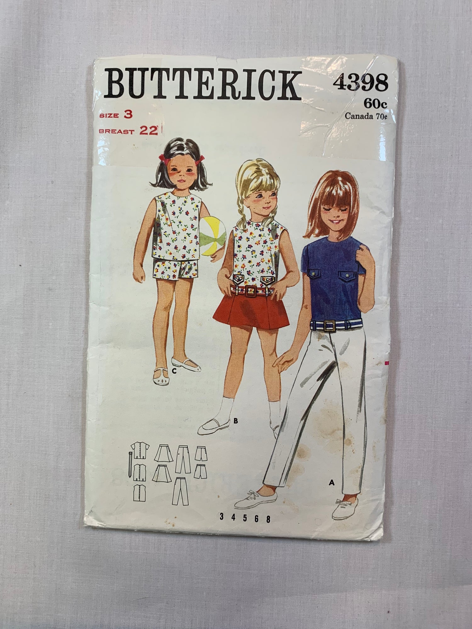 Butterick 4398 Girls' Skirt, Pants, Shorts, Overblouse, Size 3, Cut, Vintage 1970