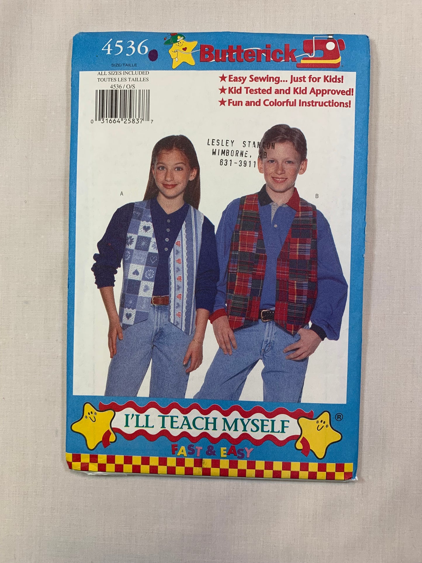 Butterick 4536 Girls' Boys' Vest, Size 7-14, Uncut, Vintage 1997