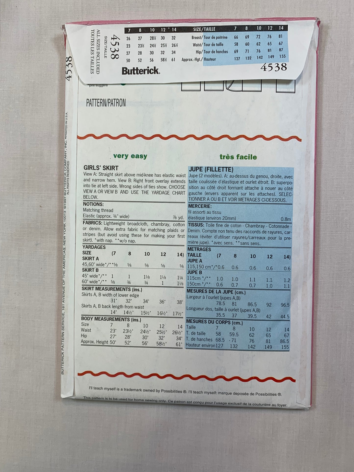 Butterick 4538 Girls' Skirt, Size 7-14, Uncut, Vintage 1997