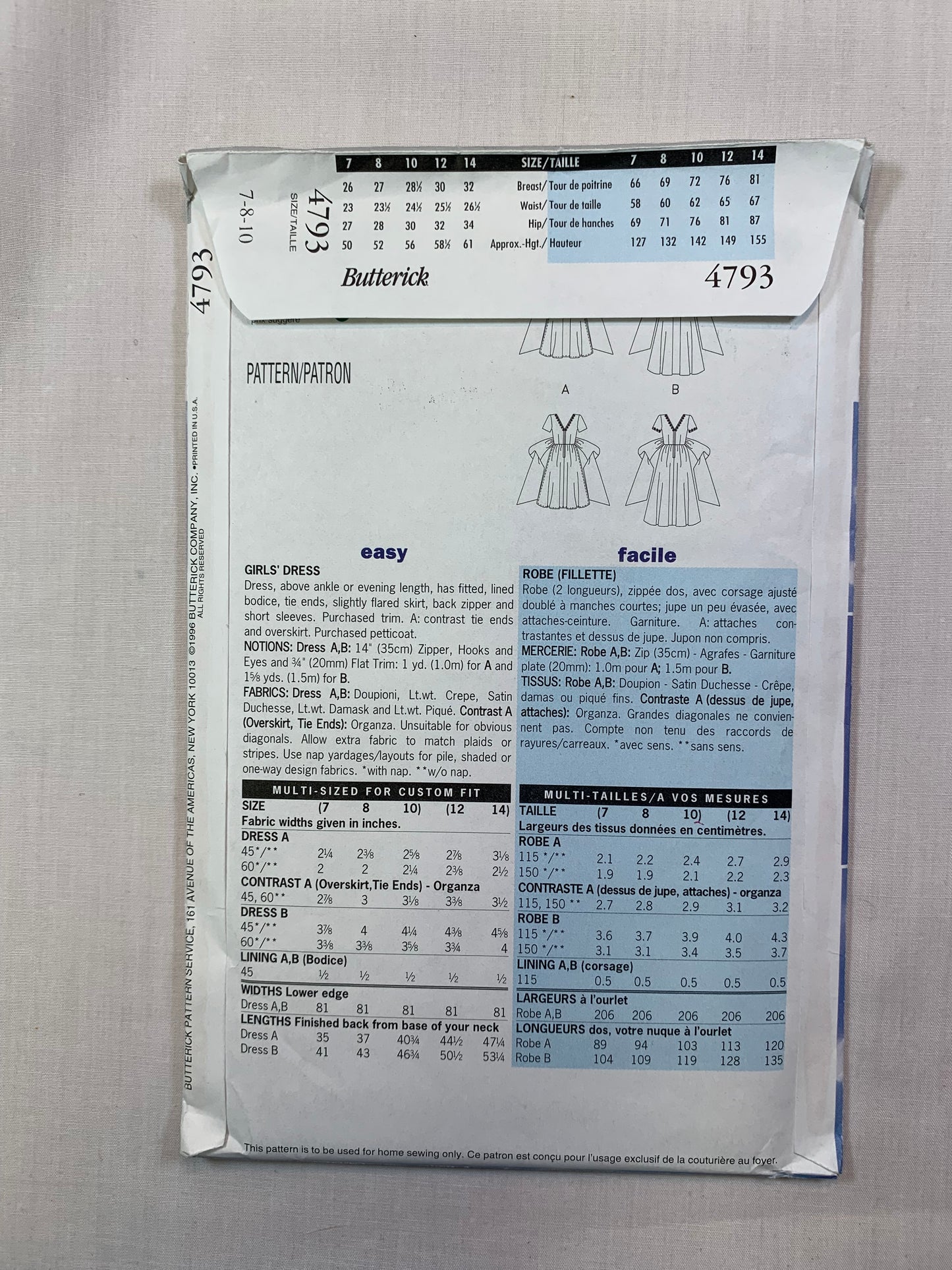 Butterick 4793 Girls' Dress, Size 7-10, Uncut, Vintage 1996