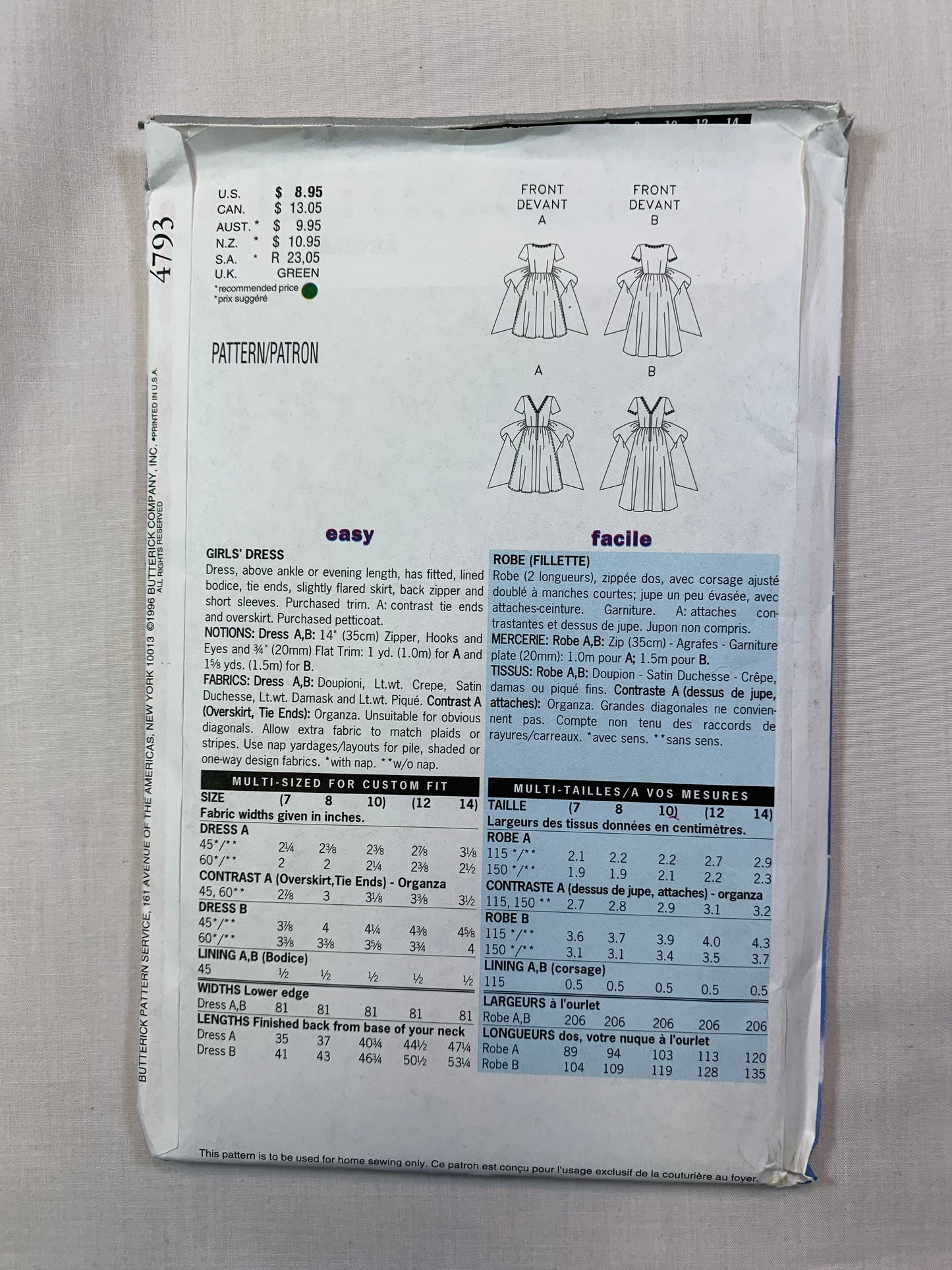 Butterick 4793 Girls' Dress, Size 12-14, Uncut, Vintage 1996
