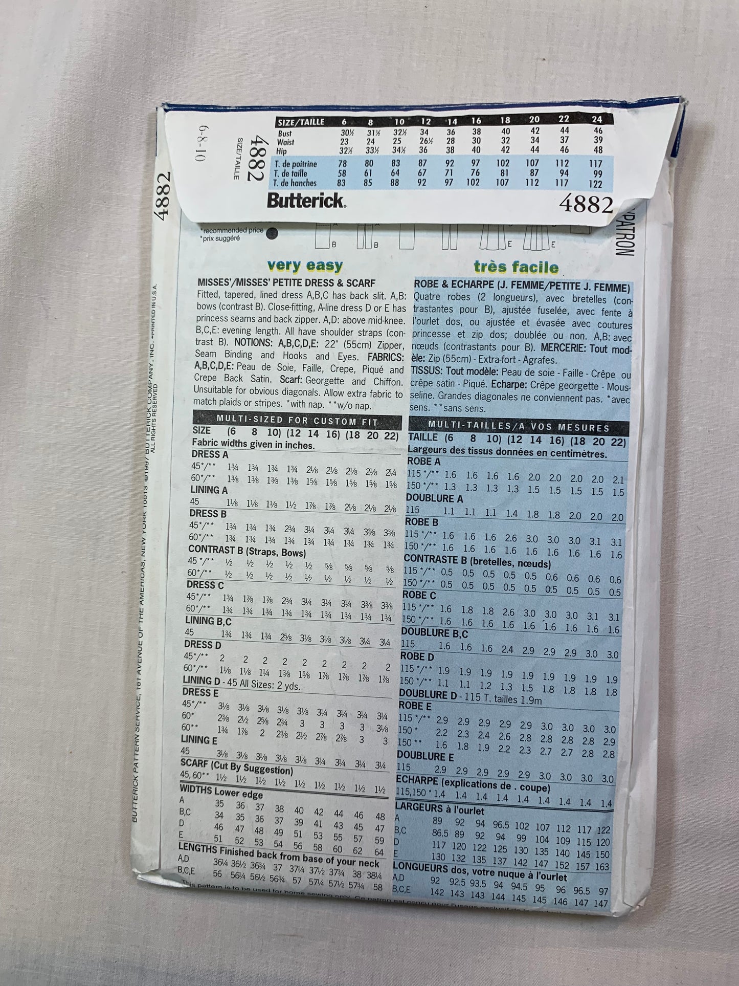 Butterick 4882 Misses'/Misses' Petite Dress, Size 6-10, Uncut, Vintage 1997