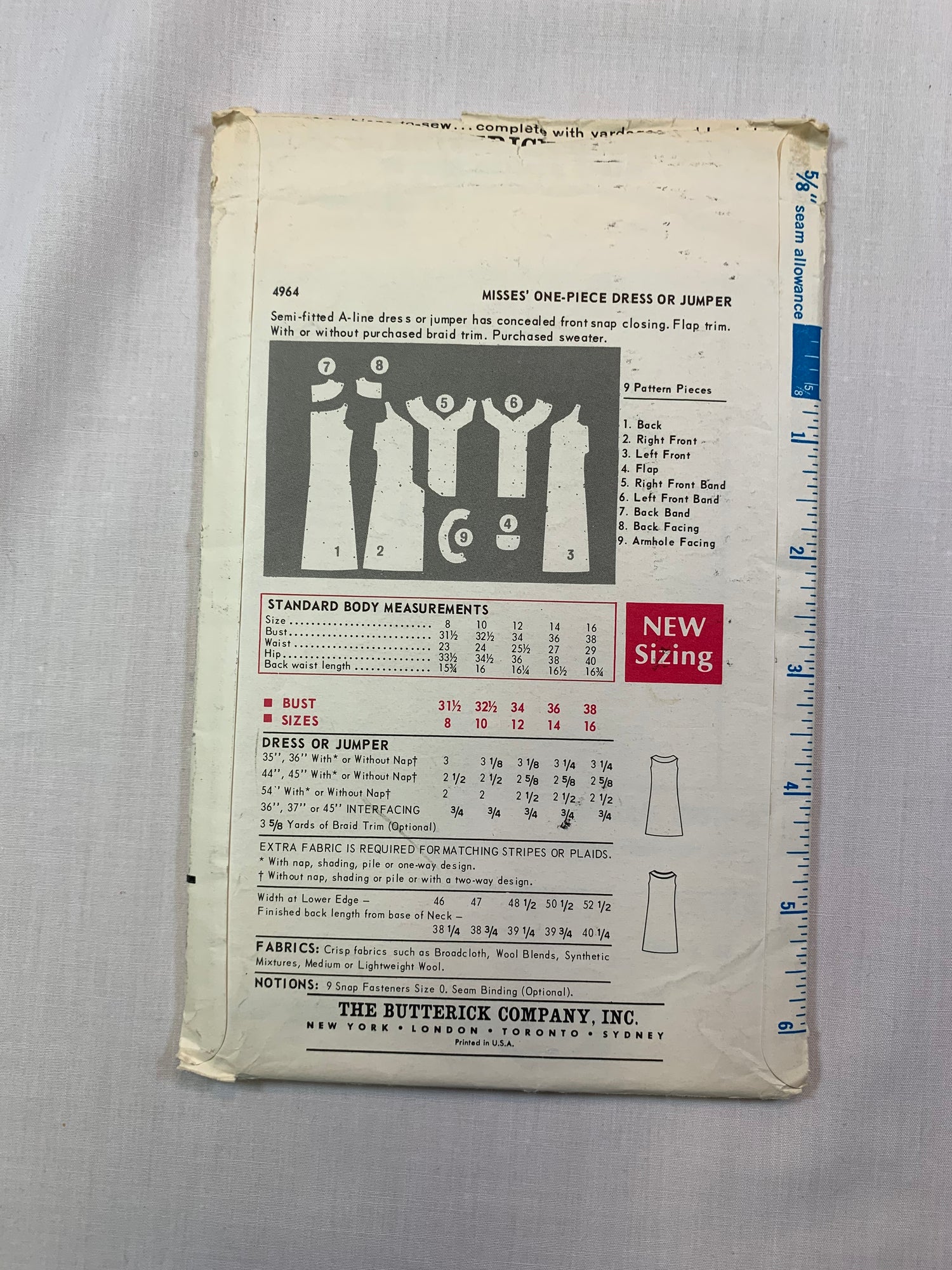 Butterick 4964 Misses' Dress, Jumper, Size 10, Cut, Vintage 1970