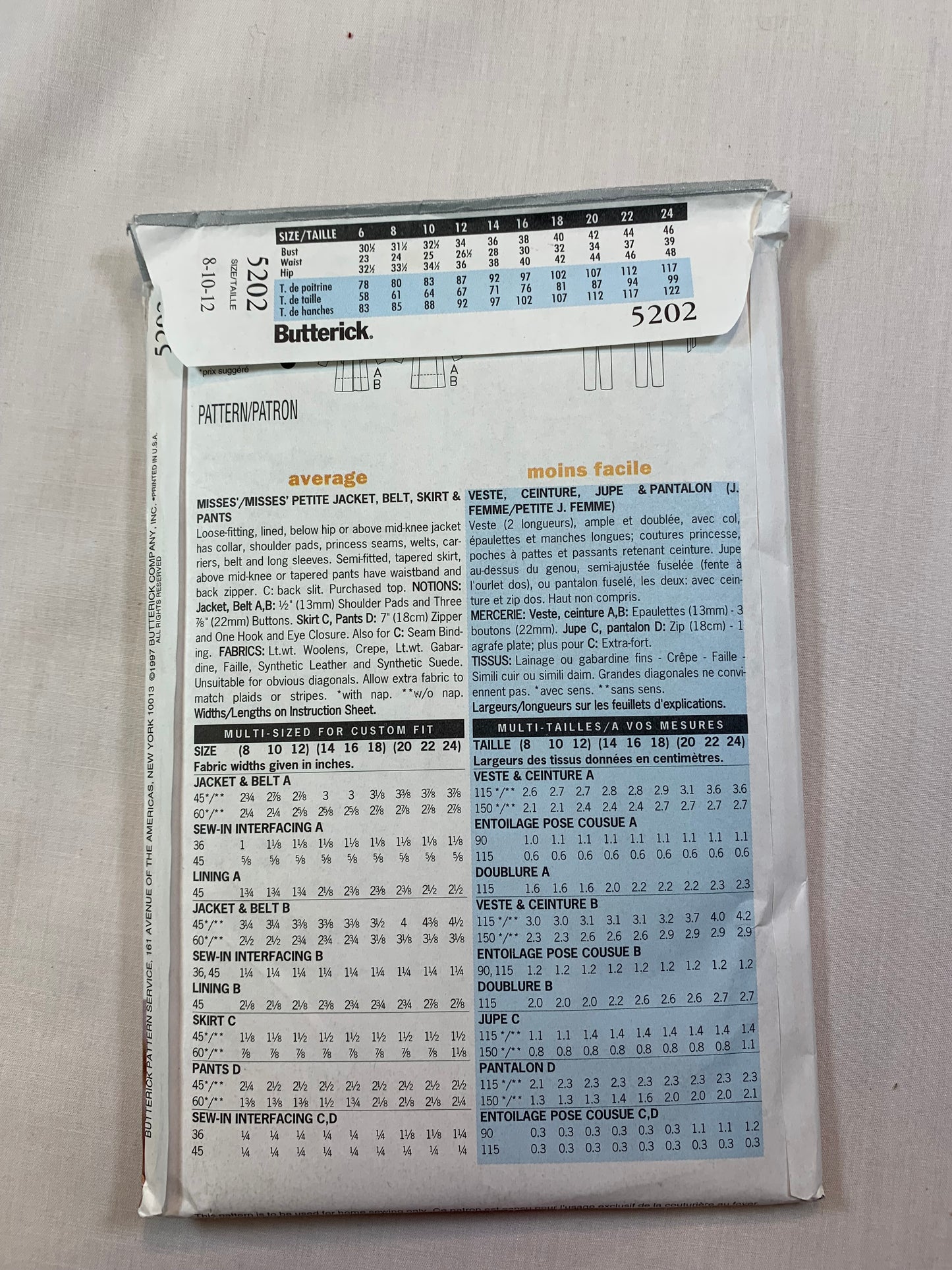 Butterick 5202 Misses'/Misses' Petite Skirt, Jacket, Belt, Pants, Size 8-12, Uncut, Vintage 1997