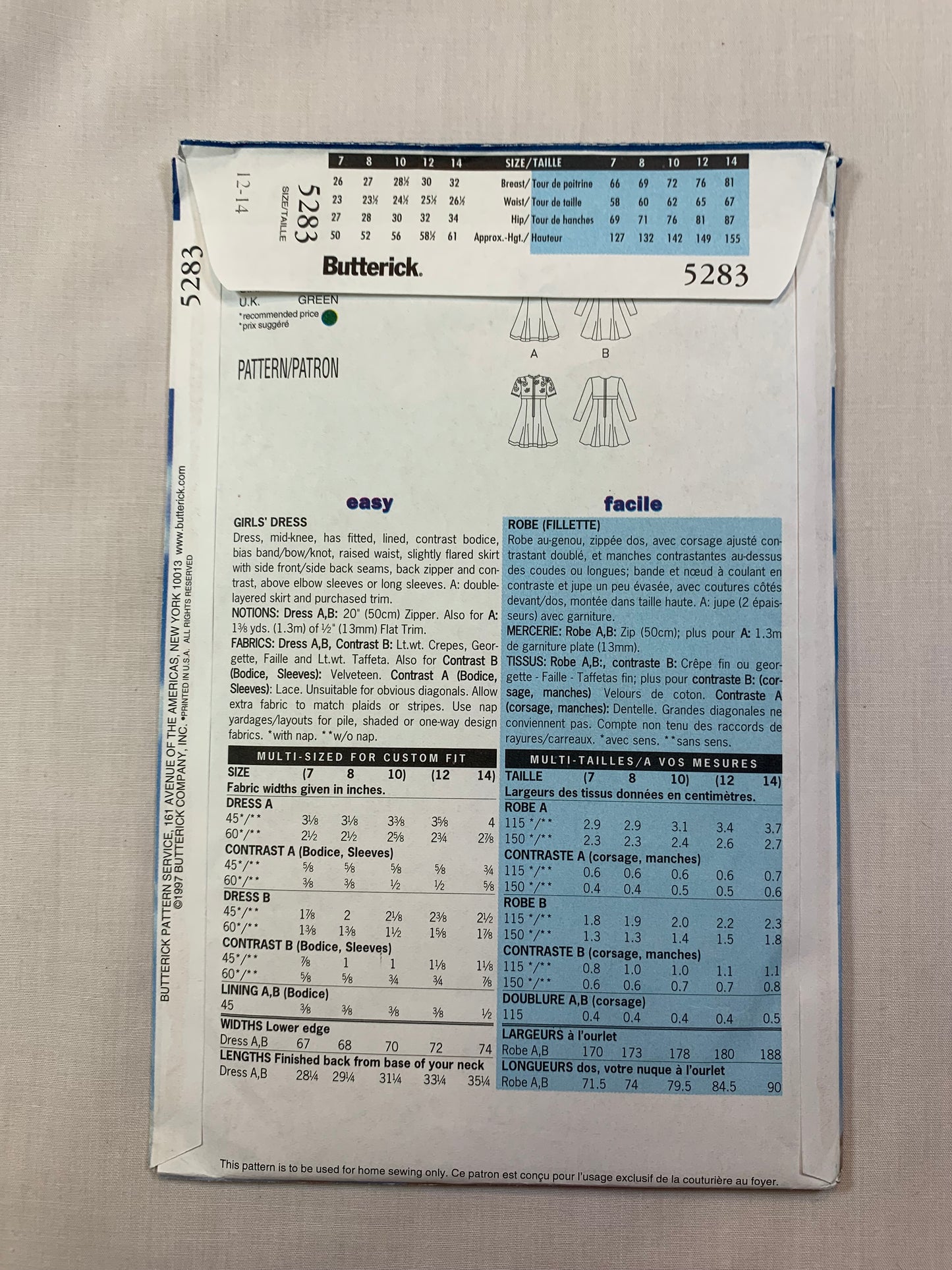 Butterick 5283 Girls' Dress, Size 12-14, Uncut, Vintage 1997