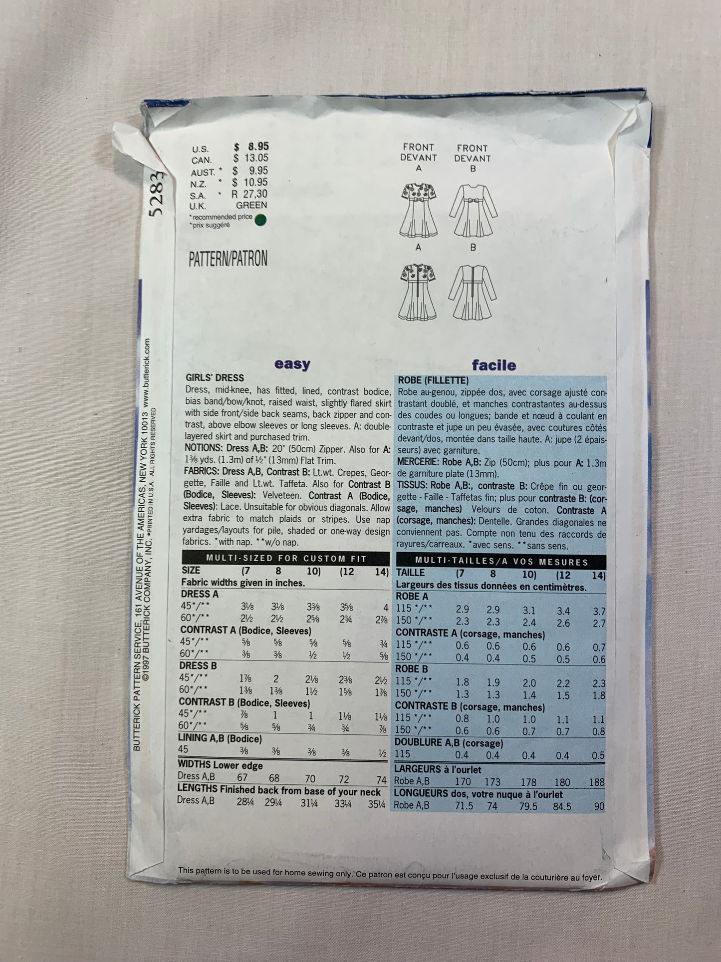 Butterick 5283 Girls' Dress, Size 7-10, Uncut, Vintage 1997