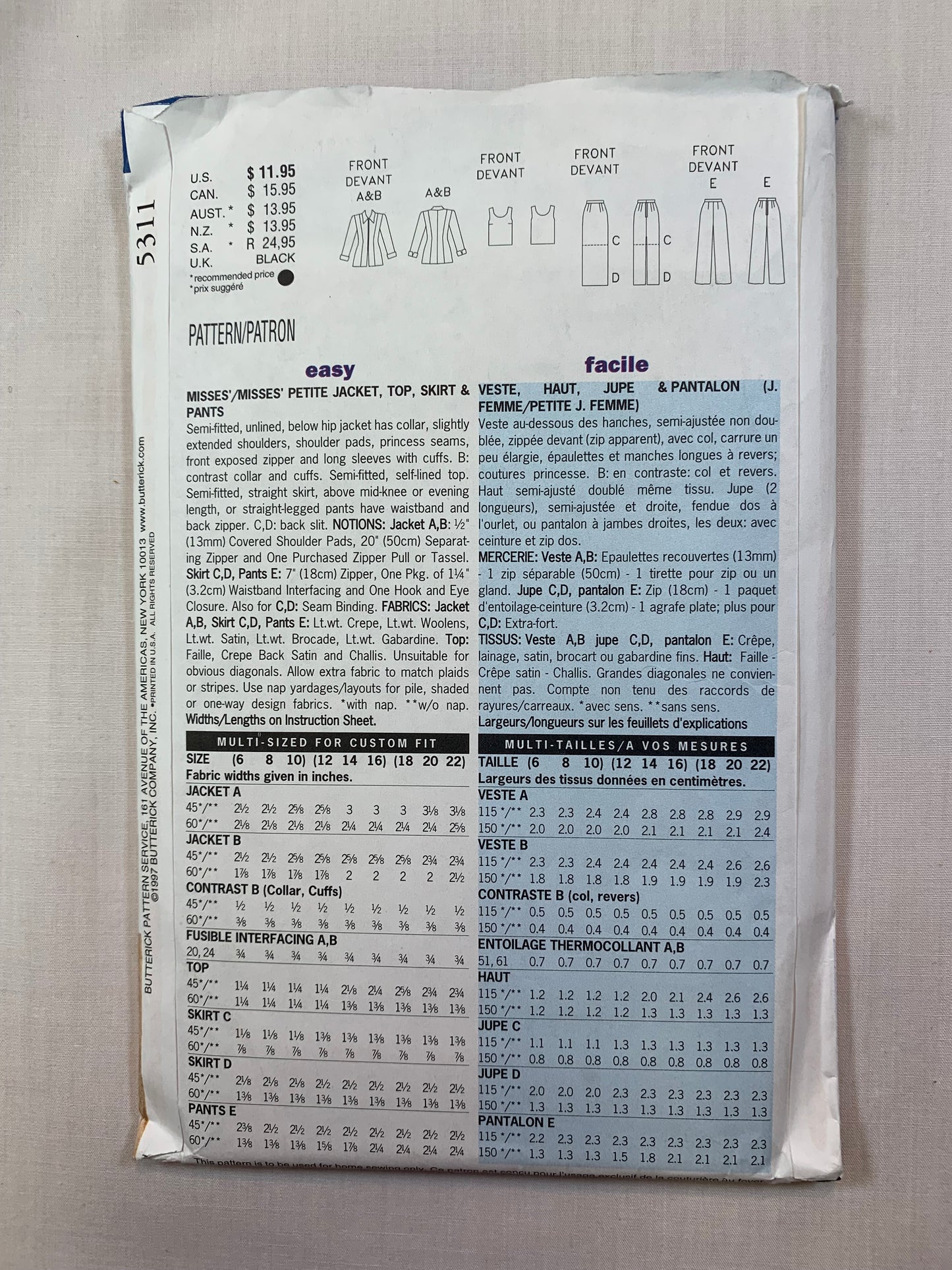 Butterick 5311 Misses' Petite Jacket, Top, Skirt, Pants, Size 6-10, Uncut, Vintage 1997