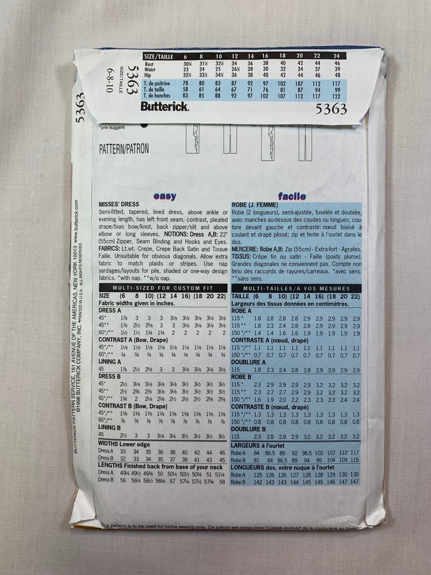 Butterick 5363 Misses' Dress, Size 6-10, Uncut, Vintage 1998