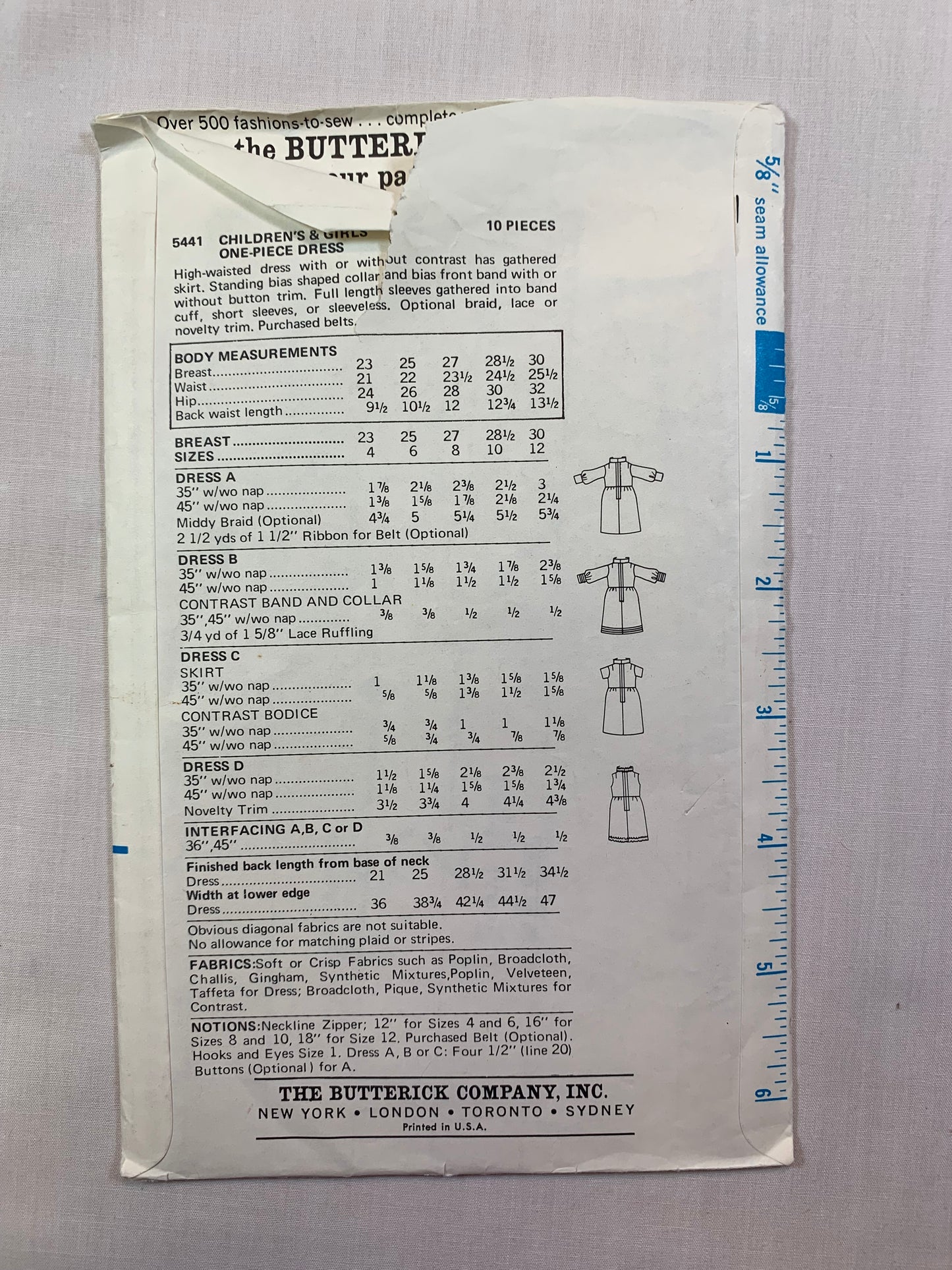 Butterick 5441 Girls' Dress, Size 4, Cut, Vintage 1970
