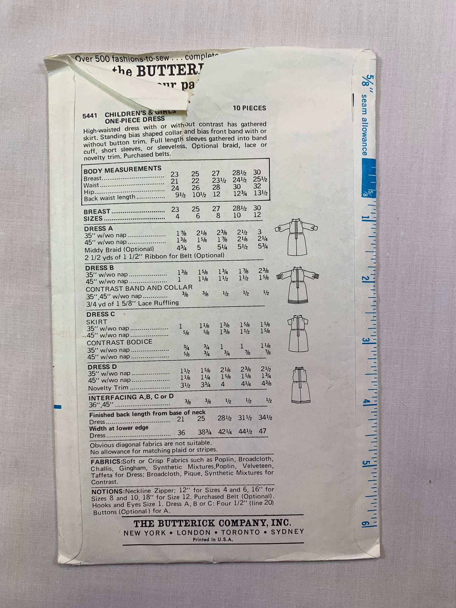 Butterick 5441 Girls' Dress, Size 4, Cut, Vintage 1970