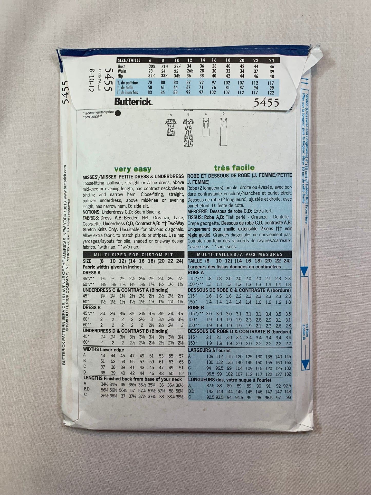 Butterick 5455 Misses' Petite Dress, Underdress, Size 8-12, Uncut, Vintage 1998