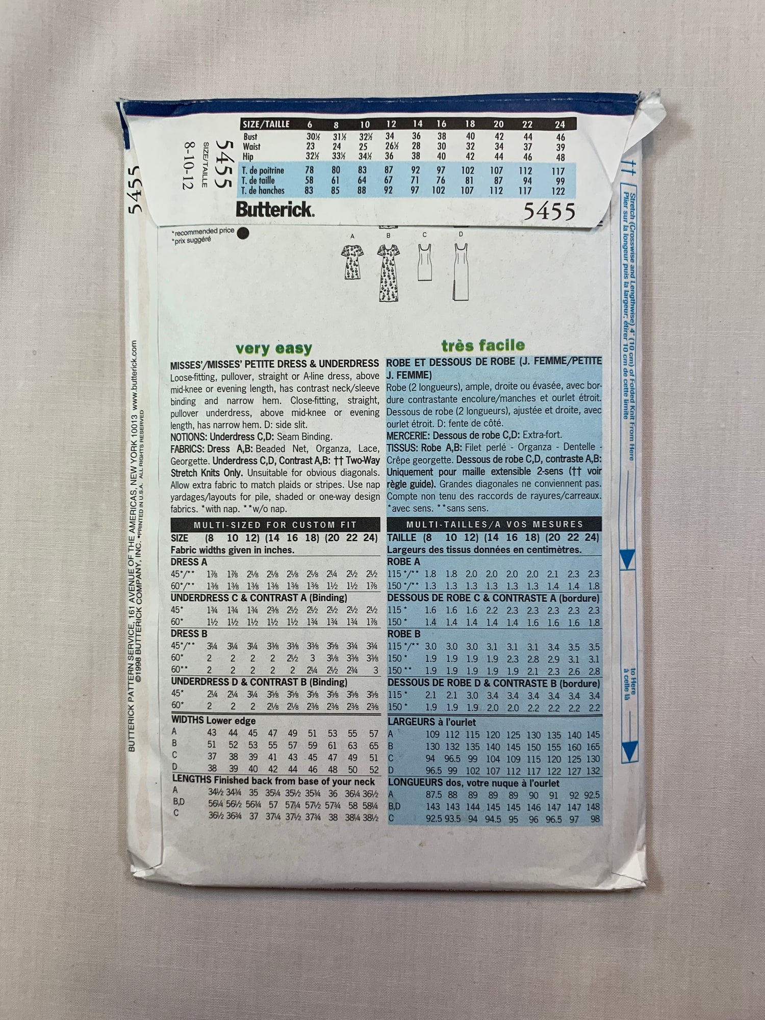 Butterick 5455 Misses' Petite Dress, Underdress, Size 8-12, Uncut, Vintage 1998