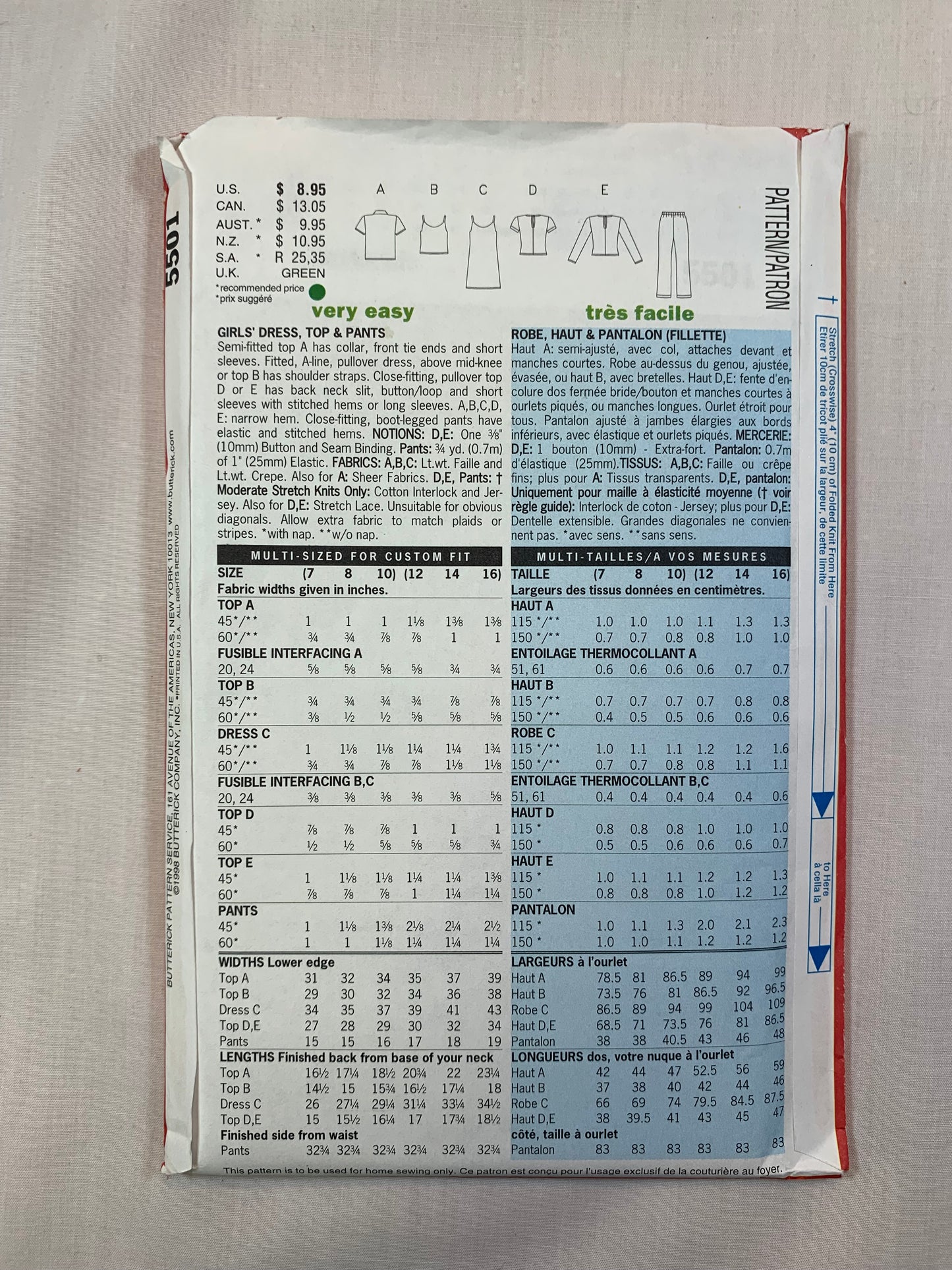 Butterick 5501 Girls' Dress, Top, Pants, Size 12-16, Uncut, Vintage 1998
