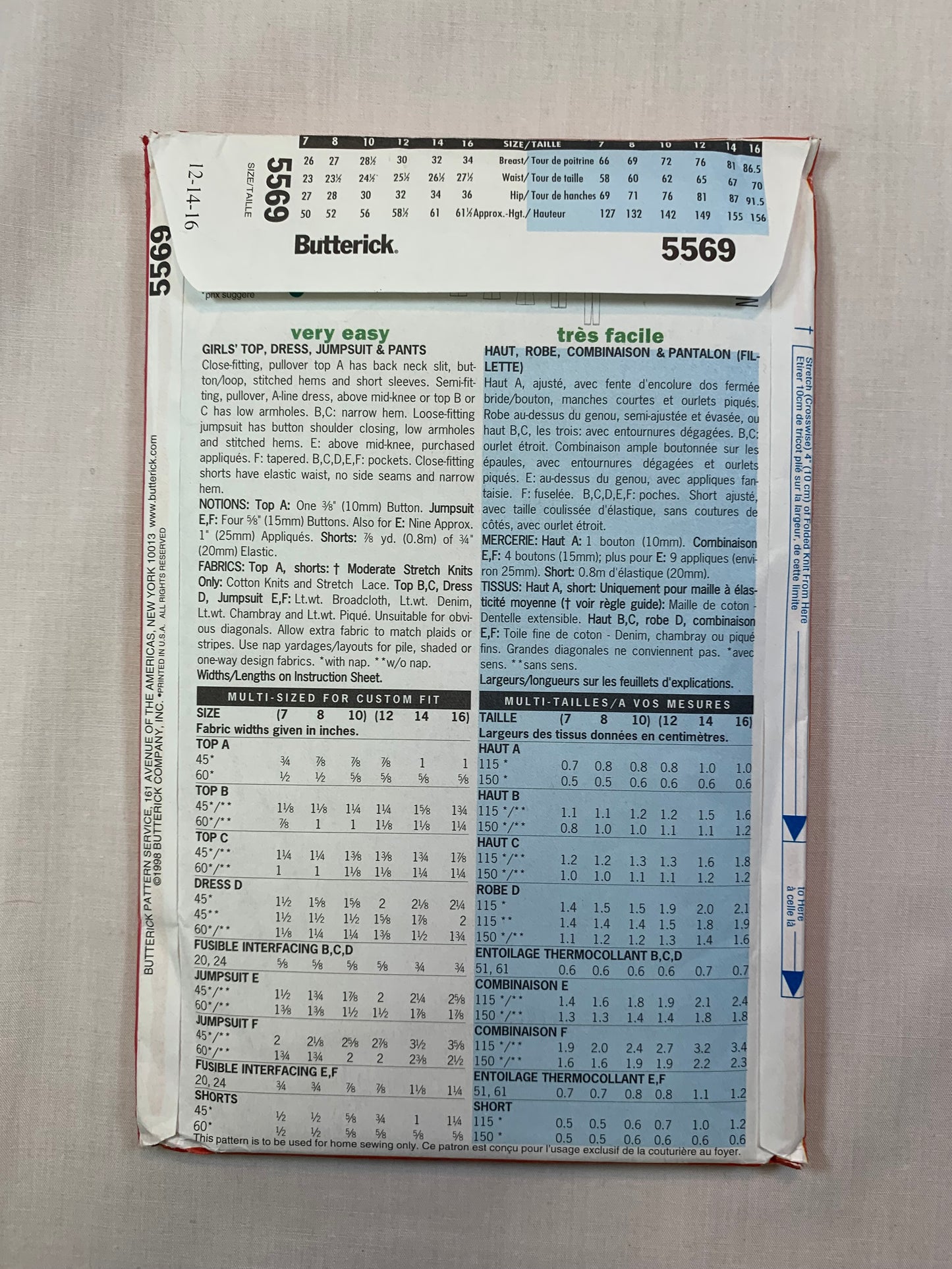 Butterick 5569 Girls' Dress, Top, Jumpsuit, Pants, Size 12-16, Uncut, Vintage 1998