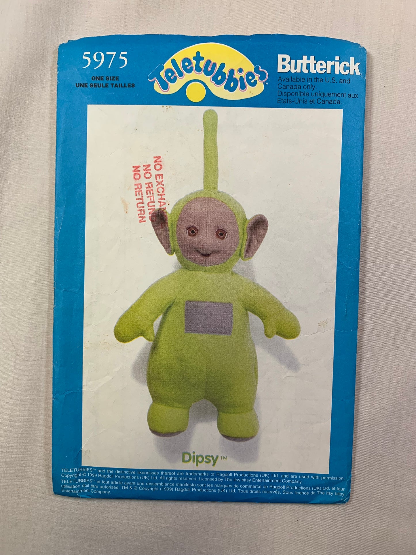 Butterick 5975 Crafts, Teletubbies Dipsy, Uncut, Vintage 1999