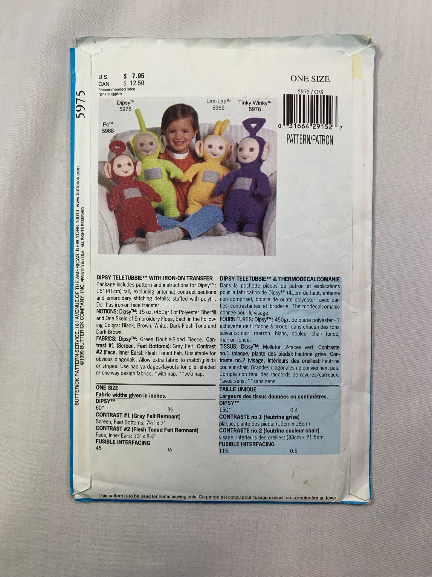 Butterick 5975 Crafts, Teletubbies Dipsy, Uncut, Vintage 1999