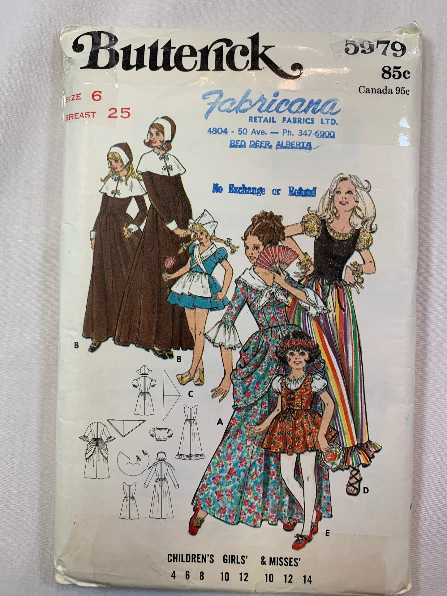 Butterick 5979, Girls' Costumes, Halloween, Quakers, Dutch, Gypsy, Pilgrim, Colonial, Size 6, Cut, Vintage 1980