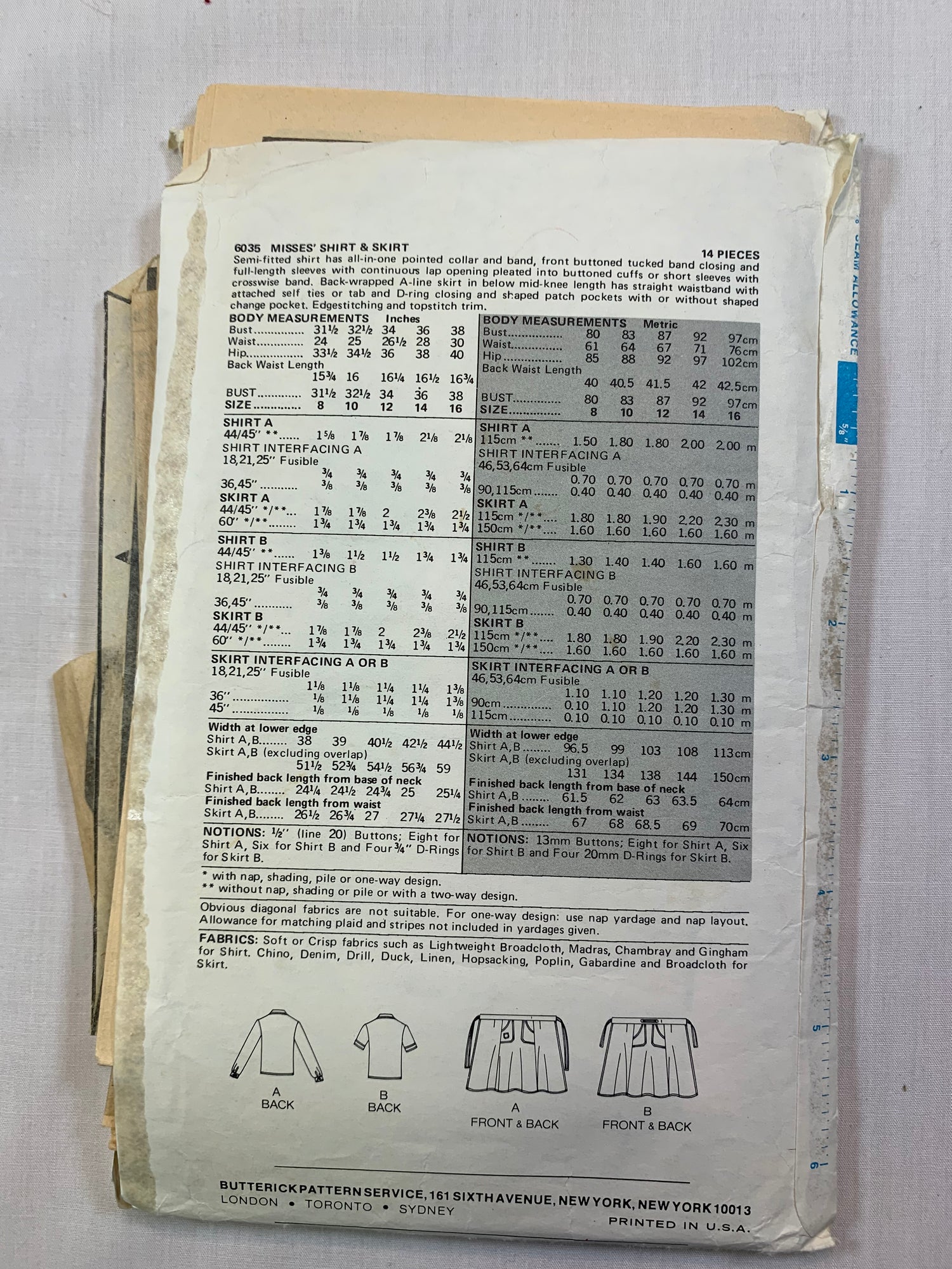 Butterick 6035 Misses' Skirts, Top, Size 12, Cut, Vintage 1970