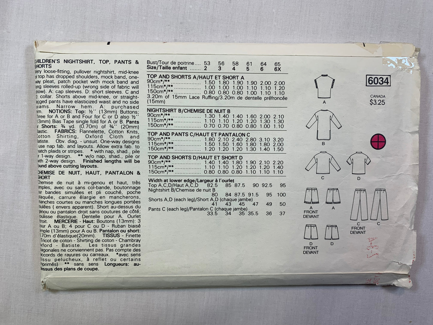 Butterick 6034 Girls' Boys' Nightshirt, Top, Pants, Shorts, Pajamas, Size 2-4, Cut, Vintage 1980