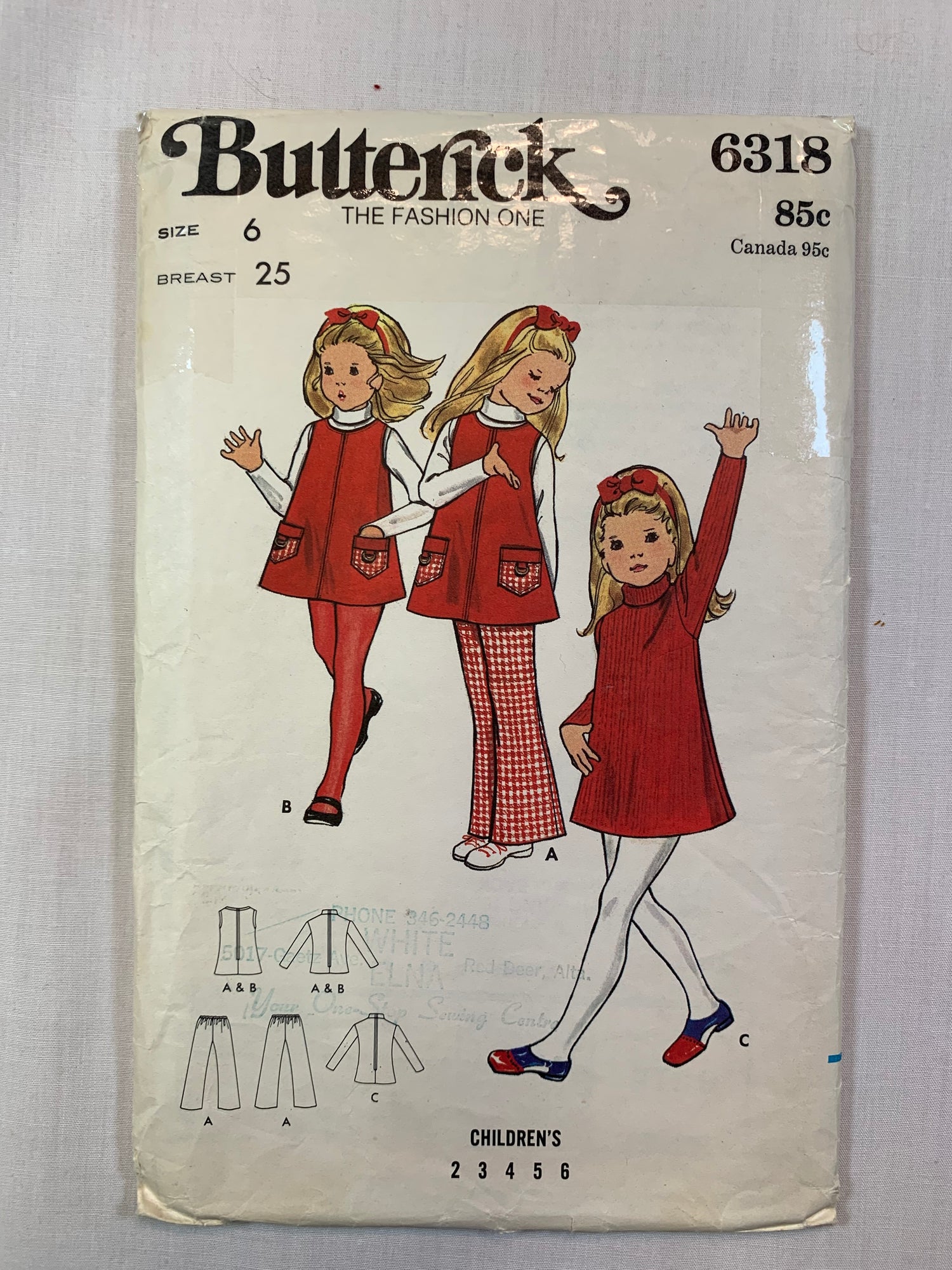 Butterick 6318 Girls' Tops, Dress, Jumper, Pants, Size 6, Cut, Vintage 1970