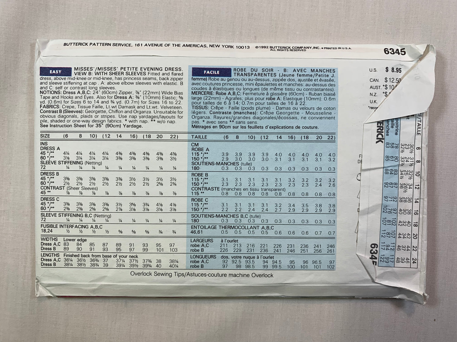 Butterick 6345 Misses'/Misses' Petite Evening Dress, Size 6-10, Uncut, Vintage 1992