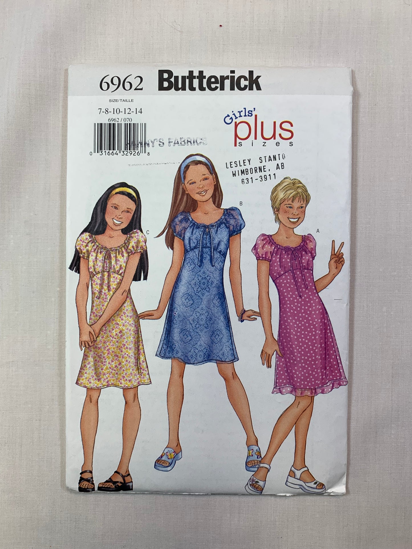 Butterick 6962 Girls' Plus Dress, Size 7-14, Uncut, 2000