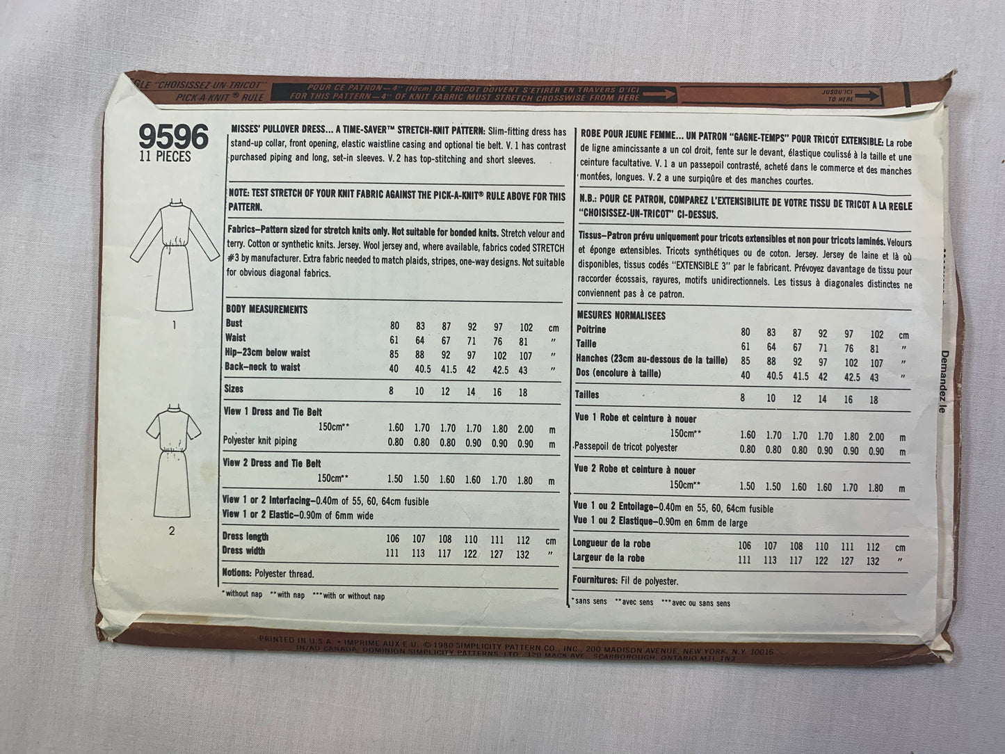 Simplicity 9596 Misses' Dress, Size 8-10, Cut, Vintage 1980