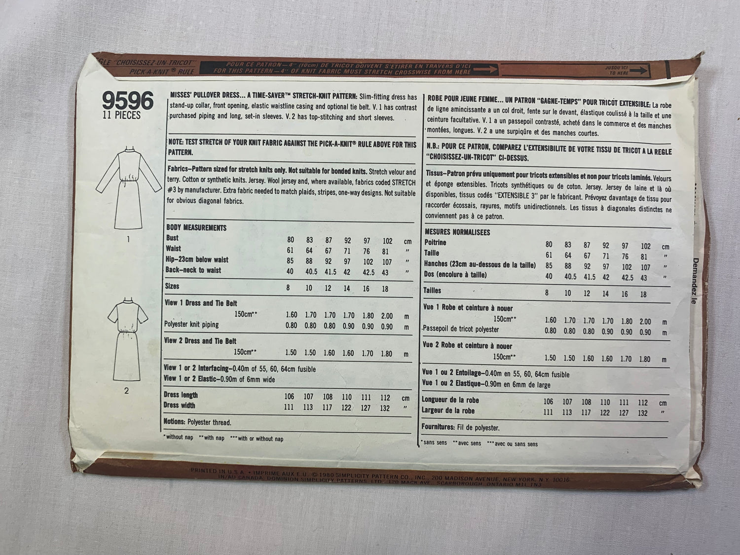 Simplicity 9596 Misses' Dress, Size 8-10, Cut, Vintage 1980
