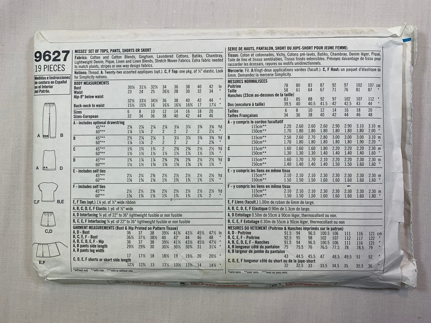 Simplicity 9627 Misses' Pants, Shorts, Top, Skort Size 14-20, Cut, 2001