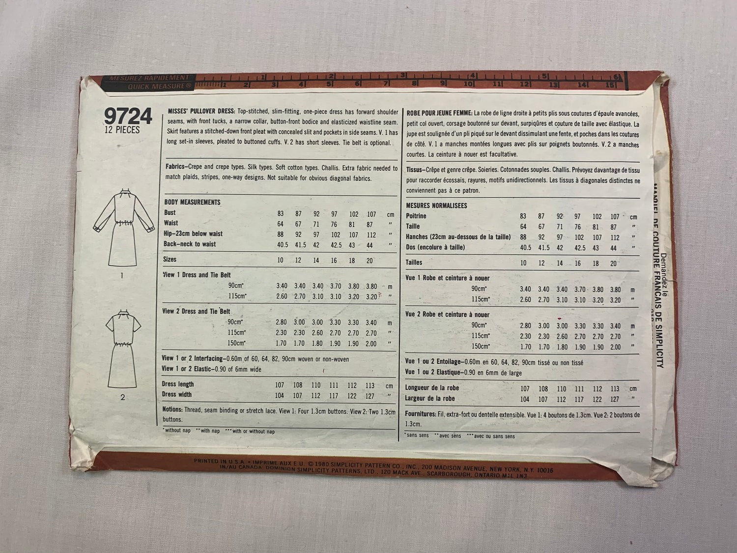 Simplicity 9724 Misses' Pullover Dresses, Size 10, Cut, Vintage 1980