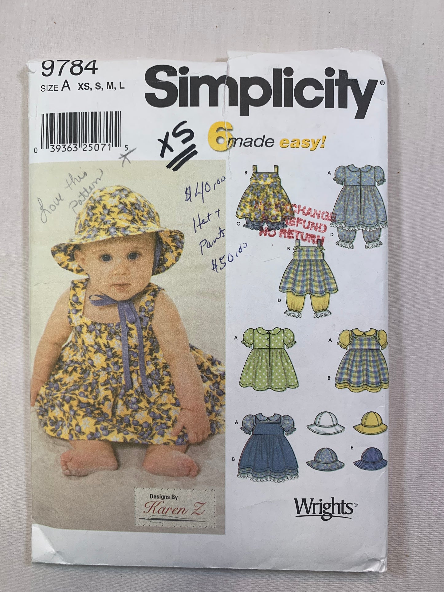Simplicity 9784 Babies, Infants, Dress, Panties, Pinafore, Pantaloons, Hat, Size 7-24 Pounds, Cut, 2001