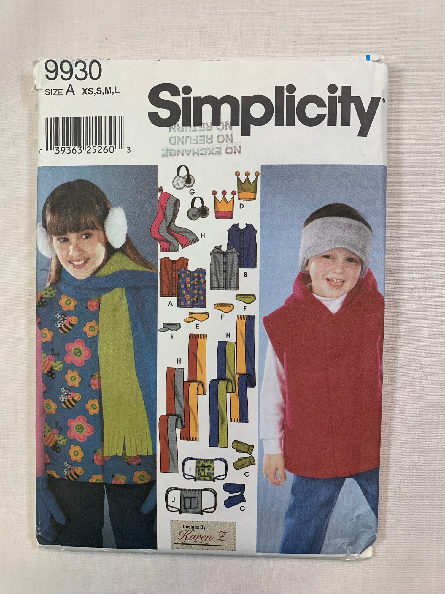 Simplicity 9930 Fashion Accessories, Girls' Boys' Child's, Vest, Hats, Headband, Mittens, Ear Muffs, Four Sizes, Cut, 2001