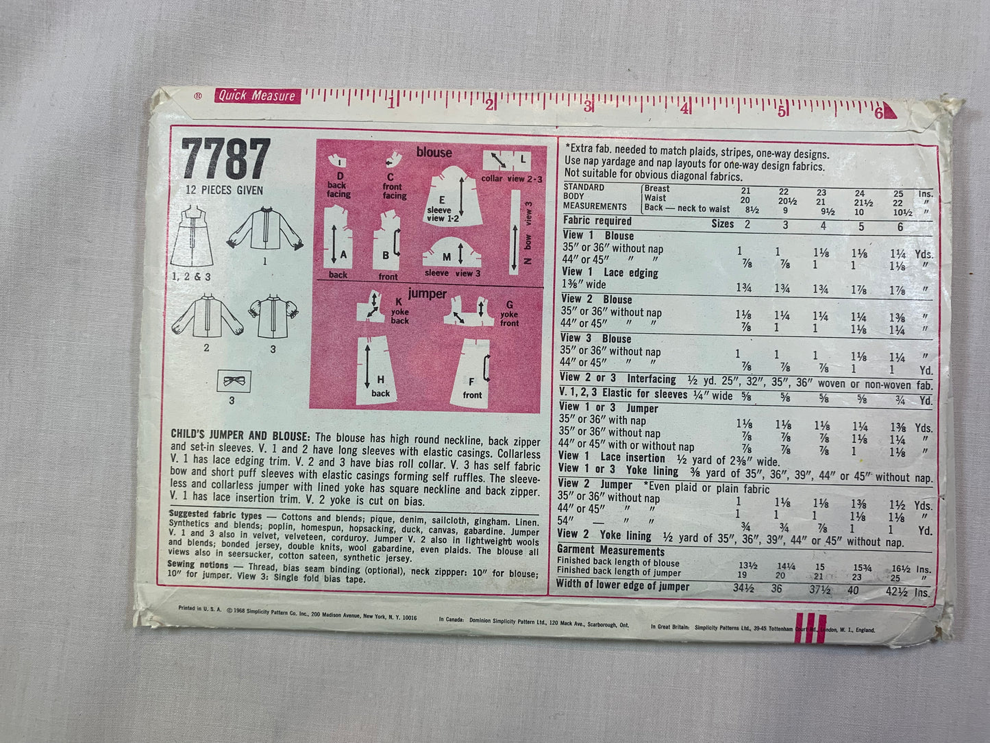 Simplicity 7787 Girls' Blouse, Jumper, Size 3, Cut, Vintage 1968