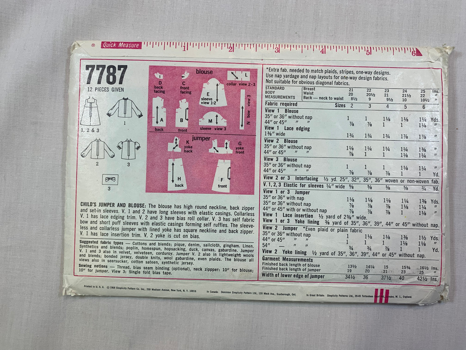 Simplicity 7787 Girls' Blouse, Jumper, Size 3, Cut, Vintage 1968