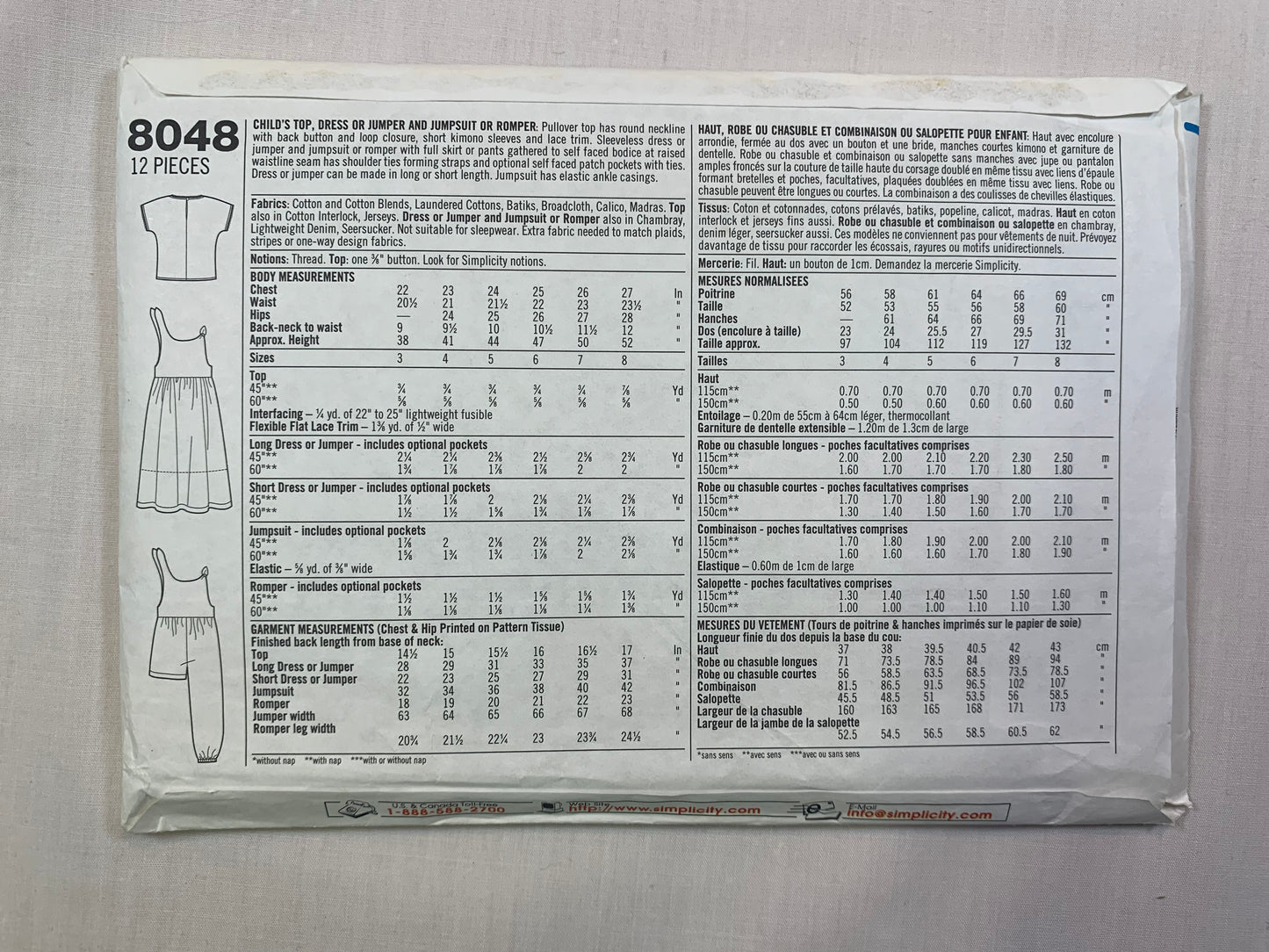 Simplicity 8048 Girls' Dress, Jumper, Romper, Top, Jumpsuit, Size 5-8, Uncut, Vintage 1998