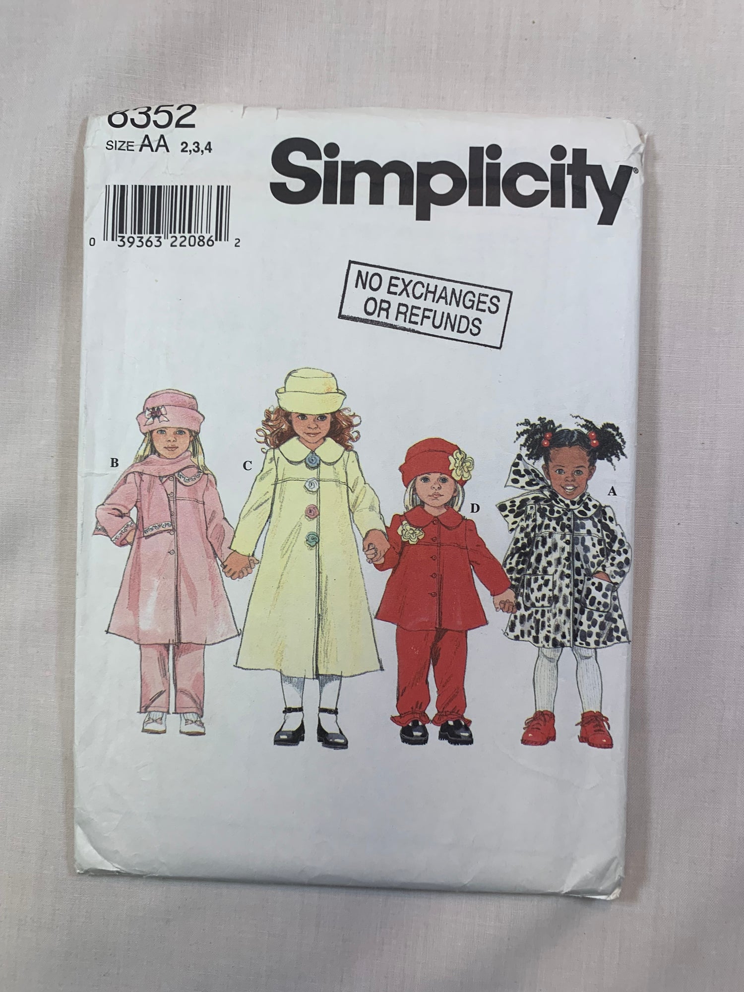 Simplicity 8352 Girls' Pants, Coats, Jacket, Hat, Scarf, Size2-4, Uncut, Vintage 1998