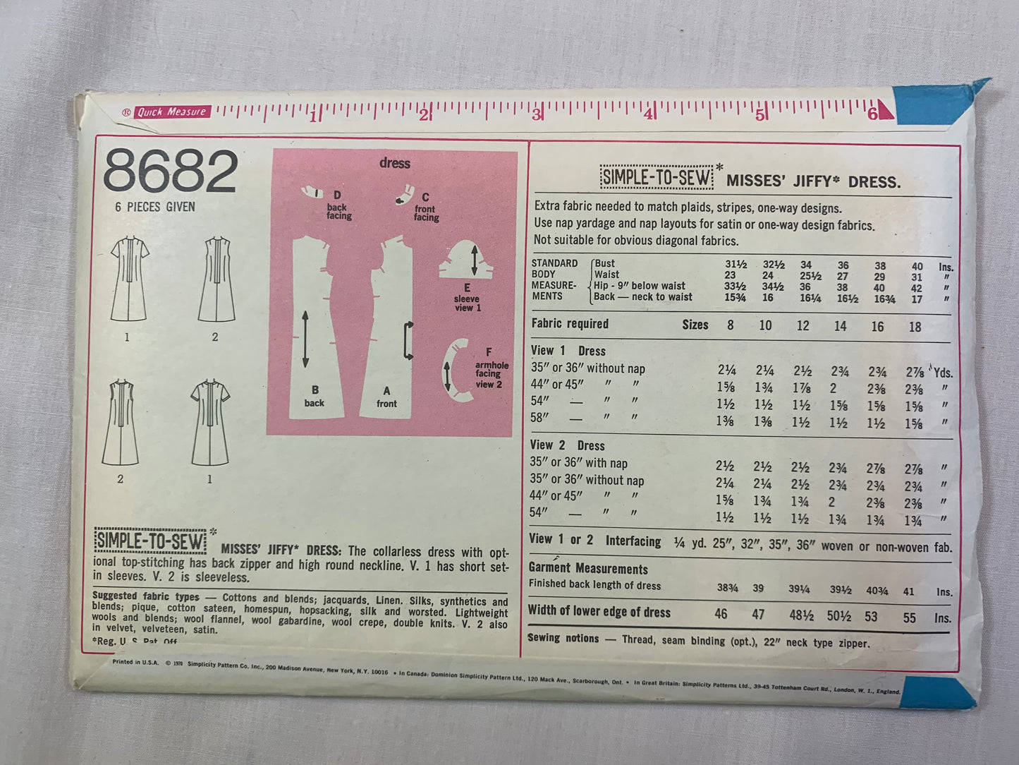 Simplicity 8682 Jiffy Misses' Dress, Size 8, Cut, Vintage 1978