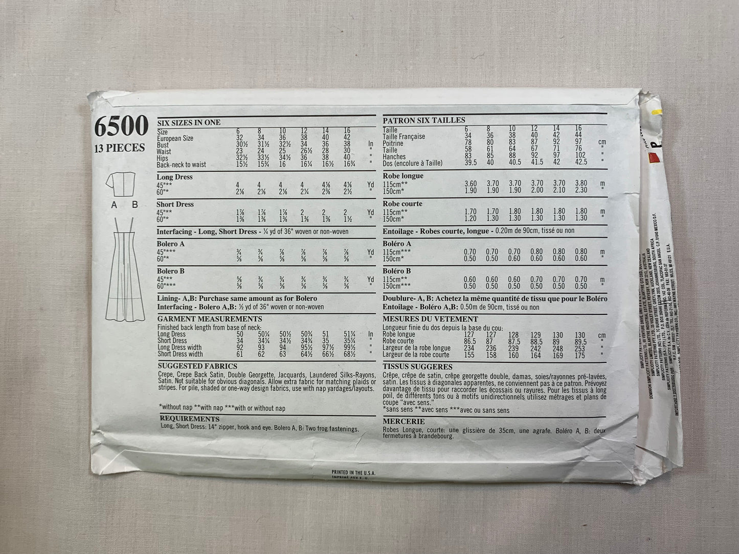 Simplicity 6500 Misses' Dress, Bolero Jacket, Size 6-16, Uncut, Vintage 1980