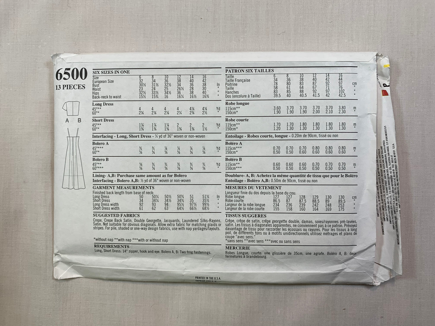 Simplicity 6500 Misses' Dress, Bolero Jacket, Size 6-16, Uncut, Vintage 1980