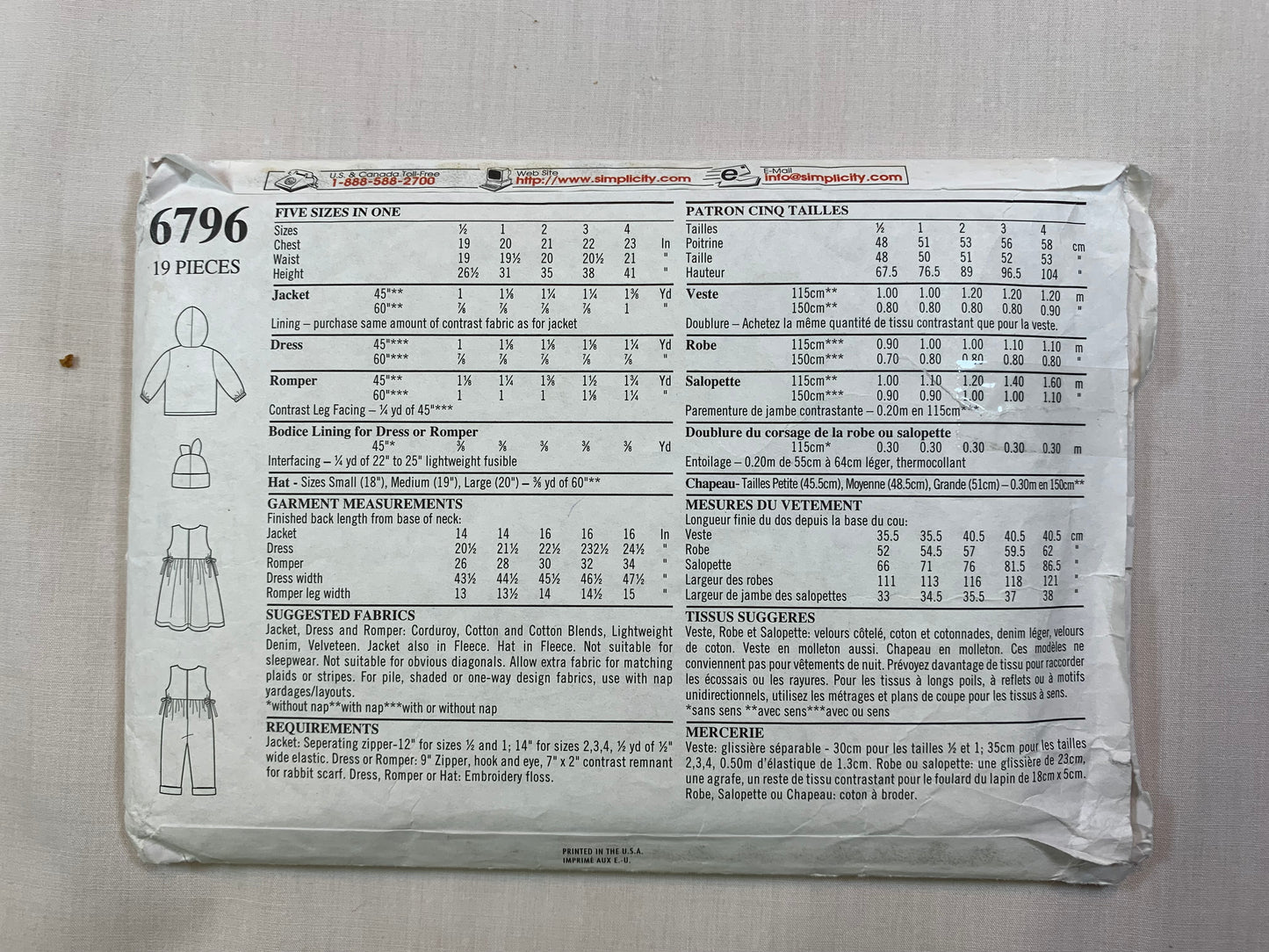 Simplicity New Look 6796 Boys' Girls' Toddlers' Jacket, Dress, Rompers, Hat, Size 1/2-4, Cut, Vintage 1990