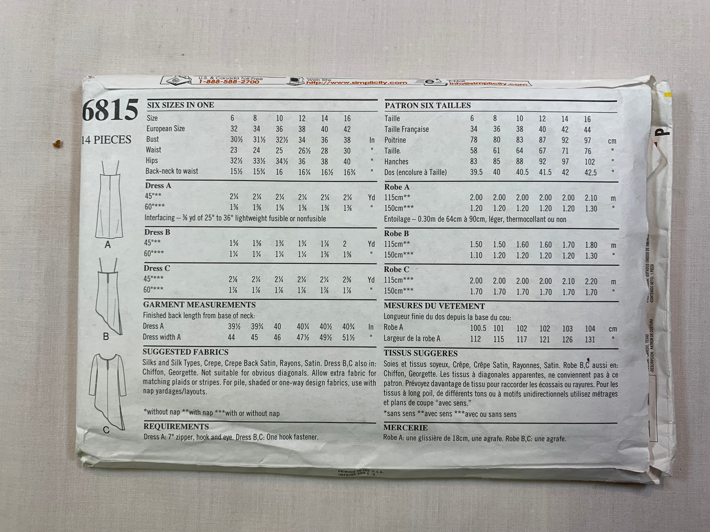 Simplicity New Look Sewing Pattern 6815 Misses' Dress, Shoulder Straps, Long Sleeves, 5 Variations, Zipper Back, Size 6-16, Uncut, 2002